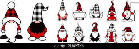 Nains de Noël illustrations isolées.Motif carreaux Buffalo.Rouge, noir et blanc.Jeu de personnages vectoriels de gnome de jardin Illustration de Vecteur