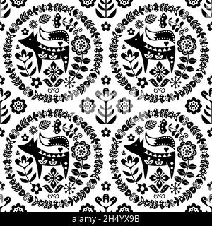 Motif scandinave mignon folk art vectoriel sans couture avec fleurs et renard, décoration textile noire fleurie inspirée de la broderie traditionnelle de Suède, Illustration de Vecteur