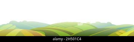 Paysage rural avec jardin de collines agricoles.Herbage.Joli motif dessin animé amusant.Illustration horizontale sans couture en arrière-plan.Style plat.Isolé Illustration de Vecteur