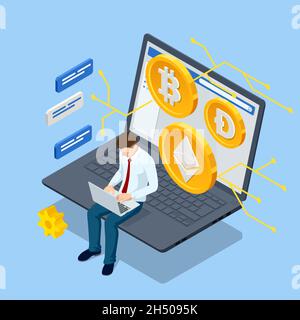 Isométrique investir dans l'argent numérique, augmenter les revenus, les bénéfices.Digital Wallet Technology for crypto-monnaie Ethereum, bitcoin.Application portefeuille numérique Illustration de Vecteur