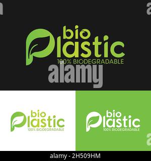 Modèle de conception de logo en Typographie bio Plastic 100% biodégradable.ECO plastique fabriqué à partir de plantes au lieu de combustibles fossiles, est un matériau recyclable biodégradable. Illustration de Vecteur