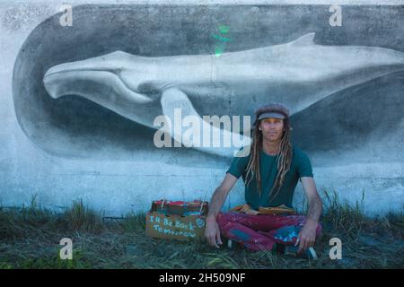 Fier homme artiste hippster assis à pattes croisées devant sa peinture murale de baleine sur le mur Banque D'Images