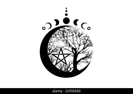 Phases mystiques de la Lune, arbre de vie et pennacle de Wicca.Géométrie sacrée.Logo,Triple lune, demi-lune païen symbole de déesse Wiccan, cercle d'énergie, boho Illustration de Vecteur