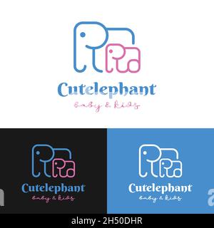 Mignon amusant heureux adorable bébé enfants petit enfant éléphant avec ligne simple de maman logo pour la boutique pour bébés et enfants. Illustration de Vecteur