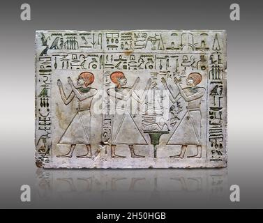 Ancienne stèle égyptienne des chancelers communs Mery, Hetepouy et Khety, 1942-1898 av. J.-C., 20e dynastie, Abydos Thèbes.Musée du Louvre C19.Trois hommes, stan Banque D'Images