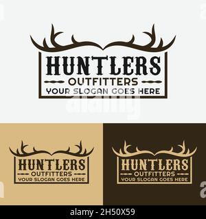 Chasse Antler badge Emblem Stamp étiquette pour l'aventure randonnée en plein air Camping chasse Sport Gear Business marque Community Club en logo unique classique Illustration de Vecteur