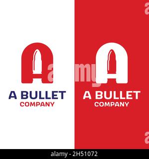 Lettre initiale A avec la cartouche de projectile de balle Ammo pour Gun Shop Armory Armée militaire Soldier marque entreprise en simple Flat Retro logo. Illustration de Vecteur