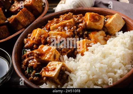 Authentique cuisine chinoise traditionnelle plat de tofu mapo avec porc et riz vapeur en gros plan Banque D'Images