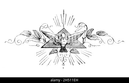 Séparateur de texte ornemental avec oiseau représentant le Saint-Esprit de Dieu.Bible, ancien et Nouveau testament.Ancien dessin antique Banque D'Images