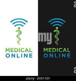 Medical Snake Caduceus avec modèle de logo de signal WiFi.Adapté pour le numérique en ligne Mobile Tech médical soins de santé clinique de pharmacie d'hôpital, etc Illustration de Vecteur