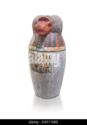 Ancien pot canopé égyptien représentant le babouin hapi, 1064-644 BC 3e période intermédiaire, bois peint, Musée du Louvre inv N2952B.inscrit au Padio Banque D'Images