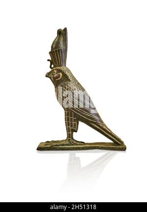 Ancienne statuette de bronze égyptien de Horus comme un faucon, 664-332 av. J.-C., incrustée d'or.Musée du Louvre.Horus ou elle, Heru, Hor, Har dans l'Égypte antique Banque D'Images