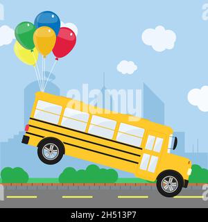 Un tas de ballons colorés qui prennent un bus scolaire en dehors de la route.Horizon d'une ville en arrière-plan.Conceptuel.Illustration vectorielle représentant un rêve Illustration de Vecteur