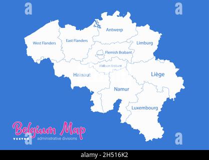 Carte de la Belgique, divisions administratives, noms des régions, vecteur de fond bleu Illustration de Vecteur