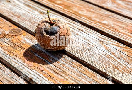 Pomme pourrie sur l'ancienne table en bois abîmé en gros plan Banque D'Images