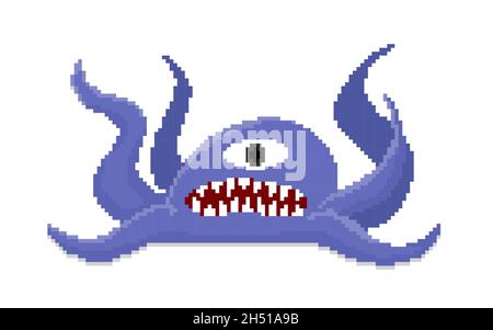 pixel art de monstre violet avec tentacules.Illustration de la conception à plat vectorielle. Illustration de Vecteur