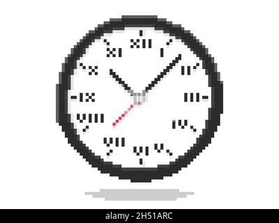 Design vectoriel plat pixel art de l'icône horloge ronde.L'objet est isolé sur fond blanc Illustration de Vecteur
