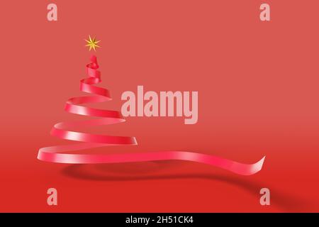 Ruban rouge dessine un arbre de Noël avec une étoile d'or à son bout .illustration 3d. Banque D'Images