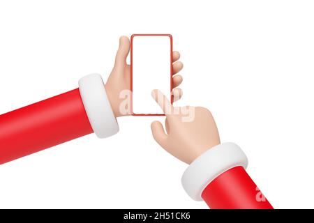 Mains de dessin animé du Père Noël tenant un téléphone portable avec écran vide.Concept de Noël.illustration 3d. Banque D'Images