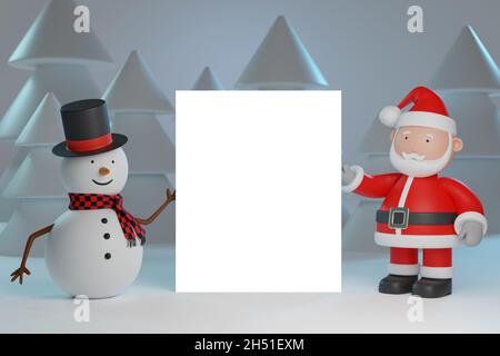 Le Père Noël et le bonhomme de neige portant un panneau vierge sur fond d'arbres enneigés.Concept de Noël.illustration 3d. Banque D'Images