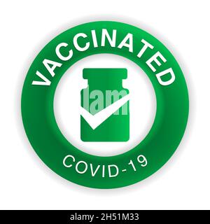 Vaccin COVID-19.Étiquette d'annonce d'informations sur la vaccination.Timbre vert de vaccination.Logo abstrait sous forme de flacon de vaccin plat. Illustration de Vecteur