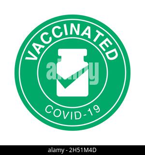 Vaccin COVID-19.Étiquette d'annonce d'informations sur la vaccination.Timbre vert de vaccination.Logo abstrait sous forme de flacon de vaccin plat. Illustration de Vecteur