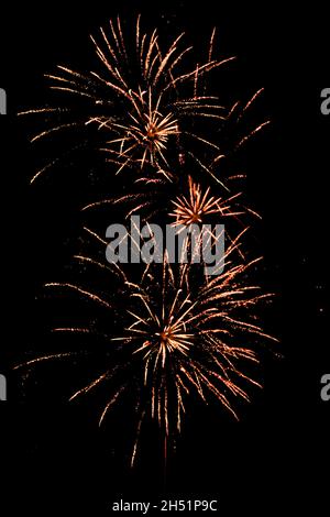 Les feux d'artifice illuminent l'arrière-plan.Feu d'artifice.Symbole de fête comme la nuit des feux de joie, Noël, nouvel an, anniversaire, carnaval Banque D'Images