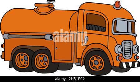 Le dessin à la main vectorisé d'un drôle de camion-citerne orange rétro Illustration de Vecteur