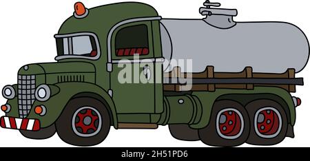 Le dessin à la main vectorisé d'un drôle de camion-citerne vert classique Illustration de Vecteur