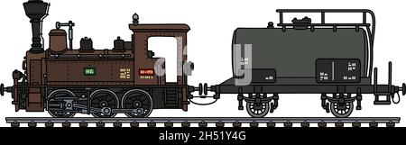 Le dessin à la main vectorisé d'une petite locomotive à vapeur brun vintage avec un wagon-citerne Illustration de Vecteur