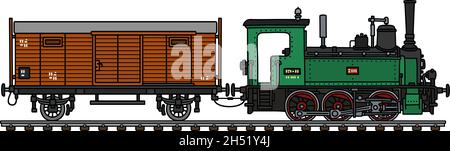 Le dessin à la main vectorisé d'une petite locomotive à vapeur vert vintage avec un wagon de fret Illustration de Vecteur