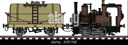 Le dessin à la main vectorisé d'une petite locomotive à vapeur brun vintage et du wagon-citerne Illustration de Vecteur