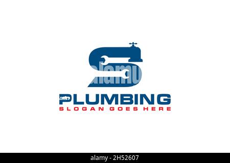 S modèle de logo initial pour le service de plomberie, icône de logo du service d'eau. Illustration de Vecteur