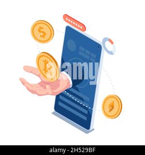 Main Isométrique 3D plate tenant Bitcoin avec Dollar coin et Ethereum orbitant autour.Plate-forme d'échange de crypto-monnaie. Illustration de Vecteur