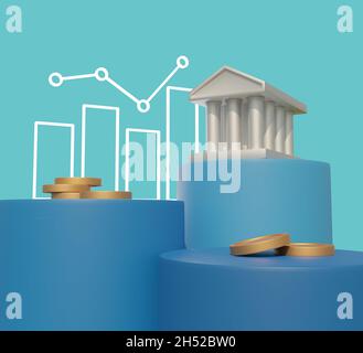 Bâtiment de banque et pièces de monnaie sur les structures de forme cylindrique.Banque, concept d'investissement.Illustration du rendu 3D. Banque D'Images