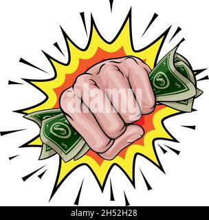 Argent Cash Fist main Comic Pop Art dessin animé Illustration de Vecteur