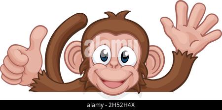 Monkey Cartoon Animal Behind Sign Thumbs Up Waving Illustration de Vecteur