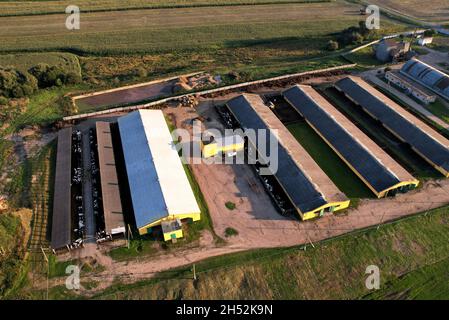 Bâtiments agricoles avec animaux de ferme.Bâtiment de stockage agricole avec vaches, poulet et porcs.Hay Barns en milieu rural.Élevage de cowshed et d'animaux.Ferme de Banque D'Images