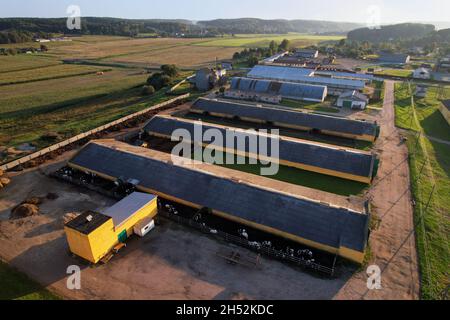 Bâtiments agricoles avec animaux de ferme.Bâtiment de stockage agricole avec vaches, poulet et porcs.Hay Barns en milieu rural.Élevage de cowshed et d'animaux.Ferme de Banque D'Images