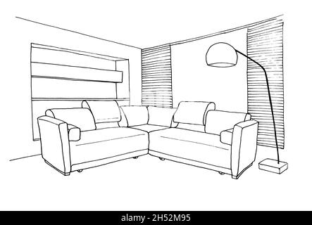 Croquis graphique d'une pièce intérieure, lampe de plancher de canapé, doublure Banque D'Images