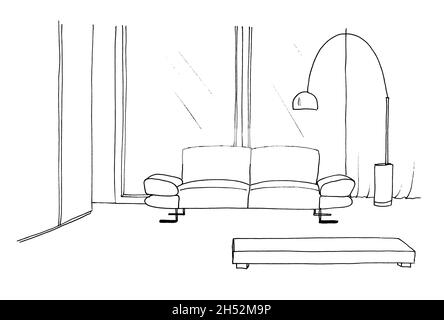 Croquis graphique d'une pièce intérieure, lampe de plancher de canapé, doublure Banque D'Images