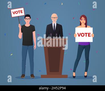 Votez avec un politicien sur le podium et Supporters Premium Vector Illustration de Vecteur