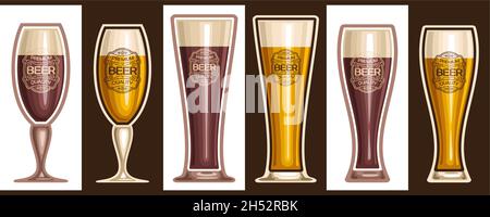 Ensemble de verres à bière Vector, lot collection d'illustrations découpées assortiment de bières rafraîchissantes avec diverses étiquettes sur fond noir et blanc. Illustration de Vecteur