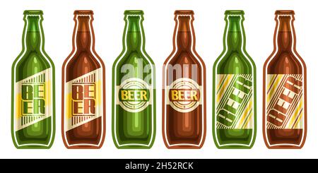 Ensemble de bouteilles de bière Vector, lot d'illustrations découpées assortiment de bières rafraîchissantes en une suite avec différentes étiquettes sur fond blanc. Illustration de Vecteur