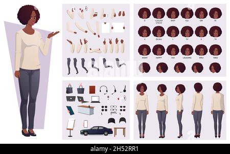 Belle African American Woman Character Creation avec les cheveux Afro , la synchronisation des lèvres, les émotions, et les gestes et accessoires de main Illustration de Vecteur