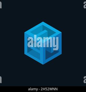 Blue Cube 3d initiale lettre B logo design isolé sur fond noir Illustration de Vecteur