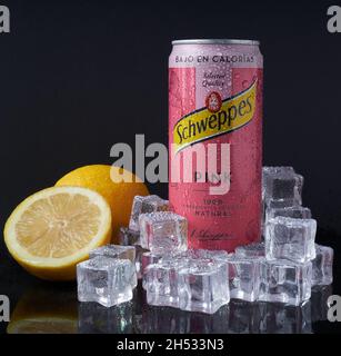 Tonica Rose avec glace et citrons sur fond sombre Banque D'Images