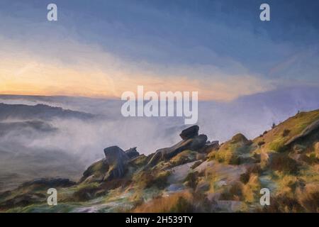 Peinture numérique à l'huile d'une inversion de température aux cafards au lever du soleil au printemps dans le Staffordshire, Peak District National Park, Royaume-Uni. Banque D'Images