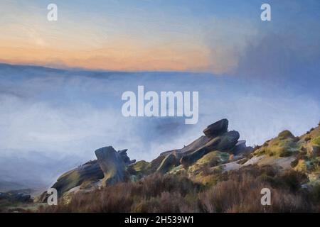 Peinture numérique à l'huile d'une inversion de température aux cafards au lever du soleil au printemps dans le Staffordshire, Peak District National Park, Royaume-Uni. Banque D'Images