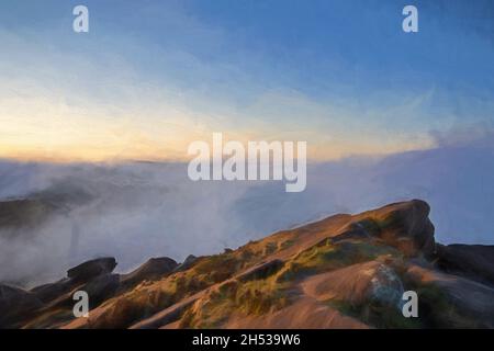 Peinture numérique à l'huile d'une inversion de température aux cafards au lever du soleil au printemps dans le Staffordshire, Peak District National Park, Royaume-Uni. Banque D'Images